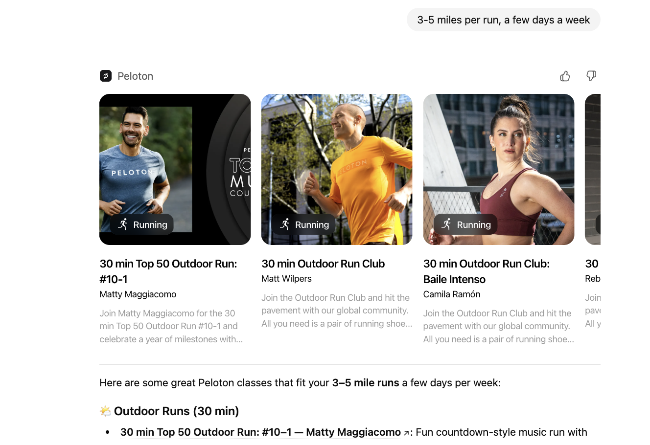 Screenshot of Peloton class search results in ChatGPT showing an interactive carousel of class cards with instructor, duration, and difficulty