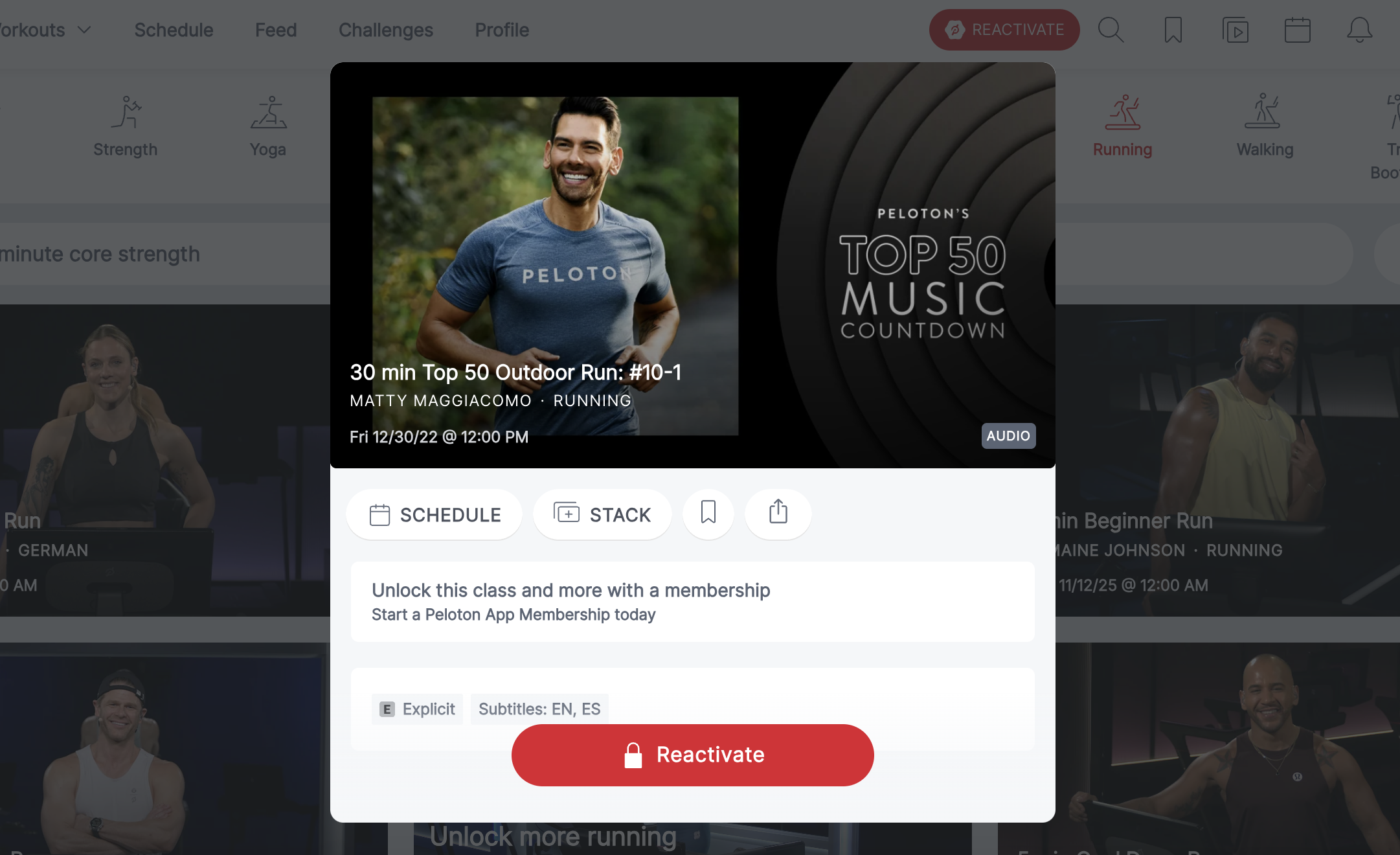 Screenshot showing Peloton membership reactivation prompt when trying to access a class