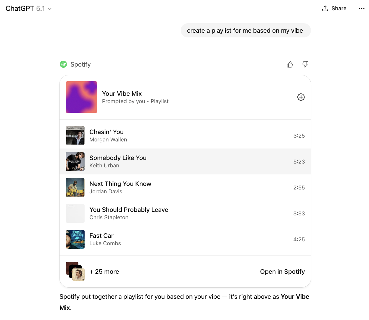Screenshot of a generated playlist in ChatGPT showing songs that can be saved or opened in Spotify