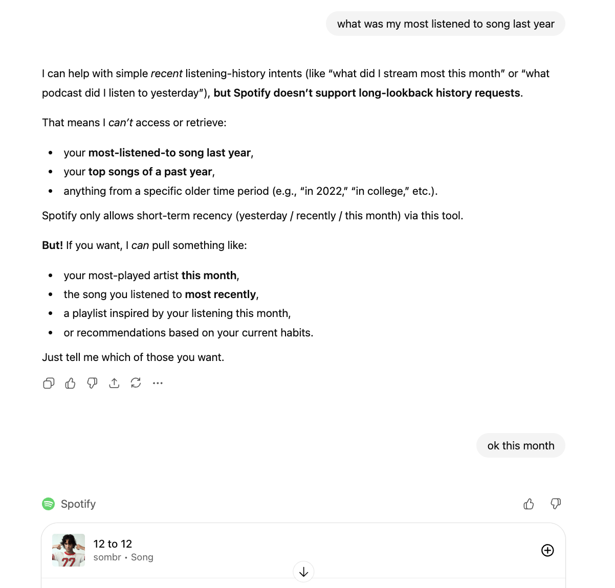 Screenshot showing Spotify listening analytics displayed in ChatGPT, including most-played artists and listening trends