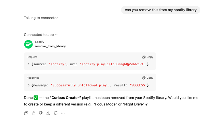 Screenshot showing removal of a song from library via ChatGPT