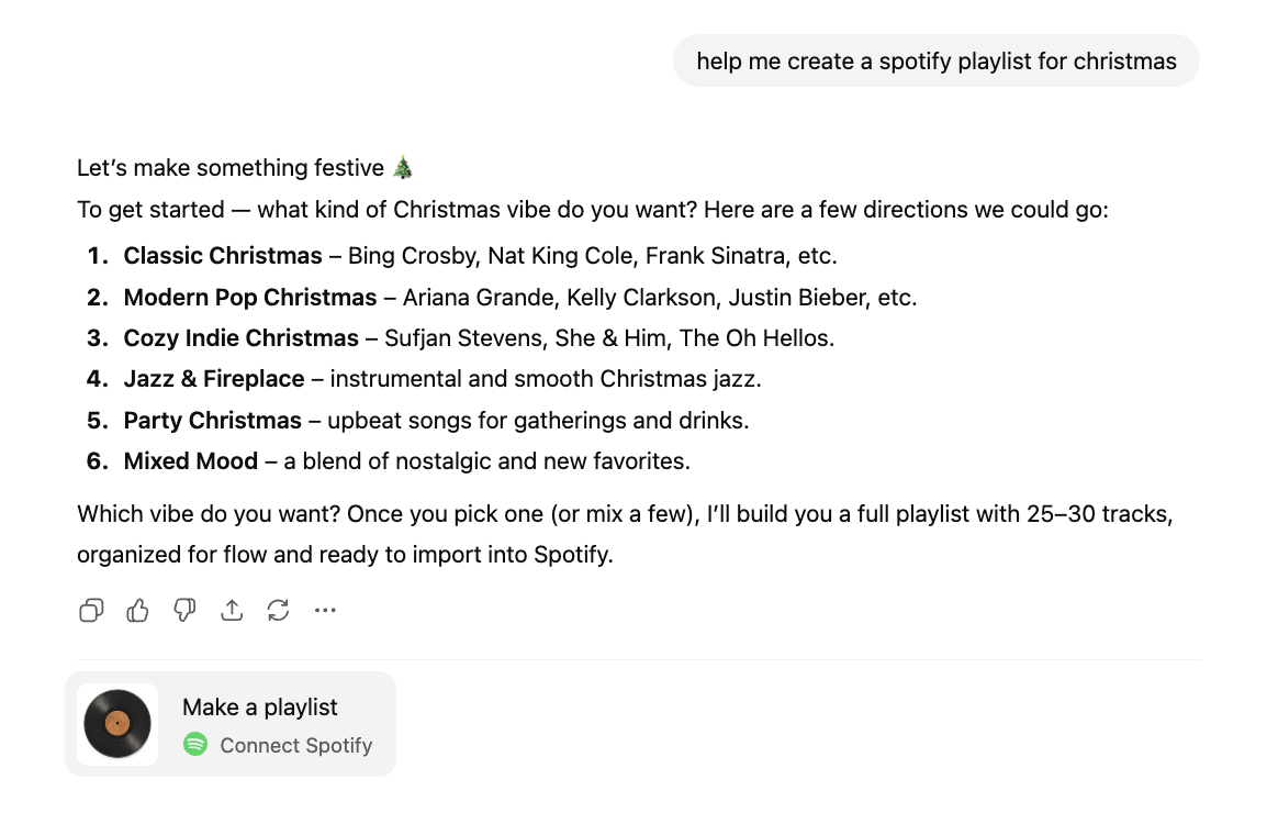 Screenshot showing ChatGPT suggesting to connect Spotify when a music-related request is detected