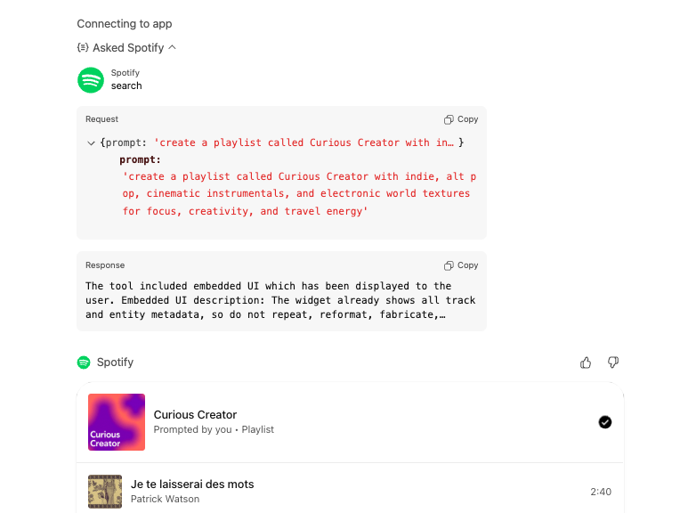 Screenshot showing more personalized playlist results using ChatGPT memory and context