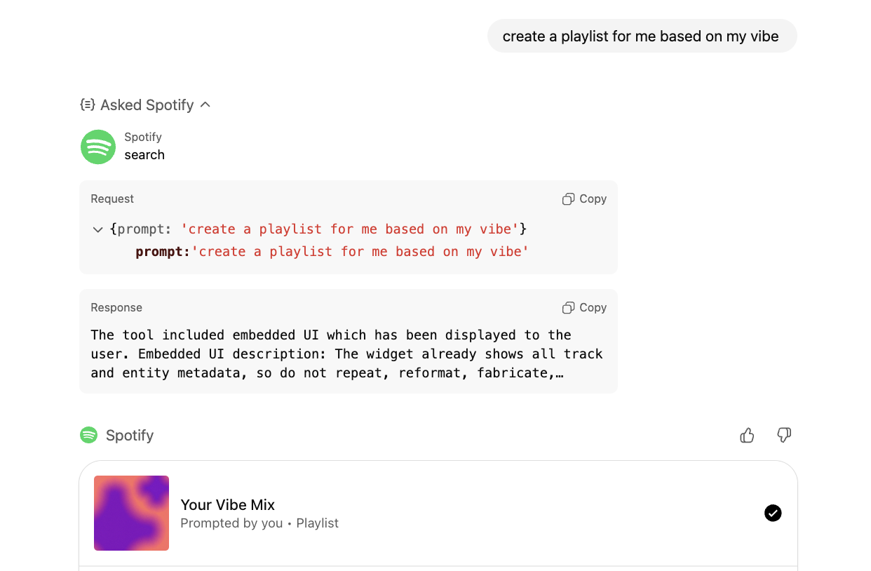 Screenshot showing playlist results from a generic "based on my vibe" prompt