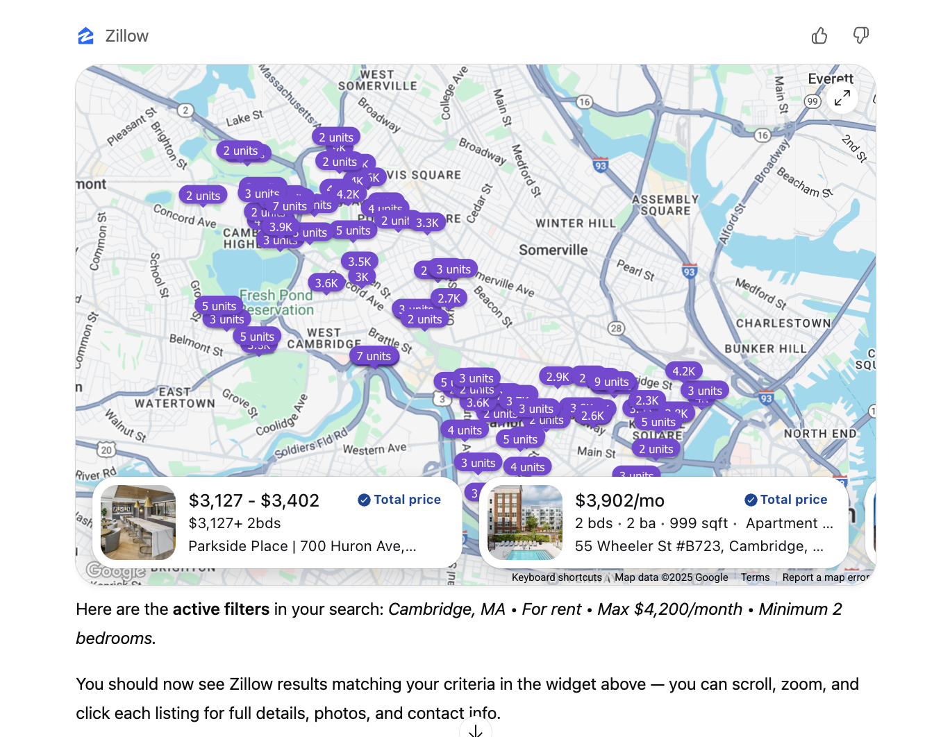 Zillow ChatGPT App displaying property search results with cards showing property photos, prices, locations, and links to Zillow listings