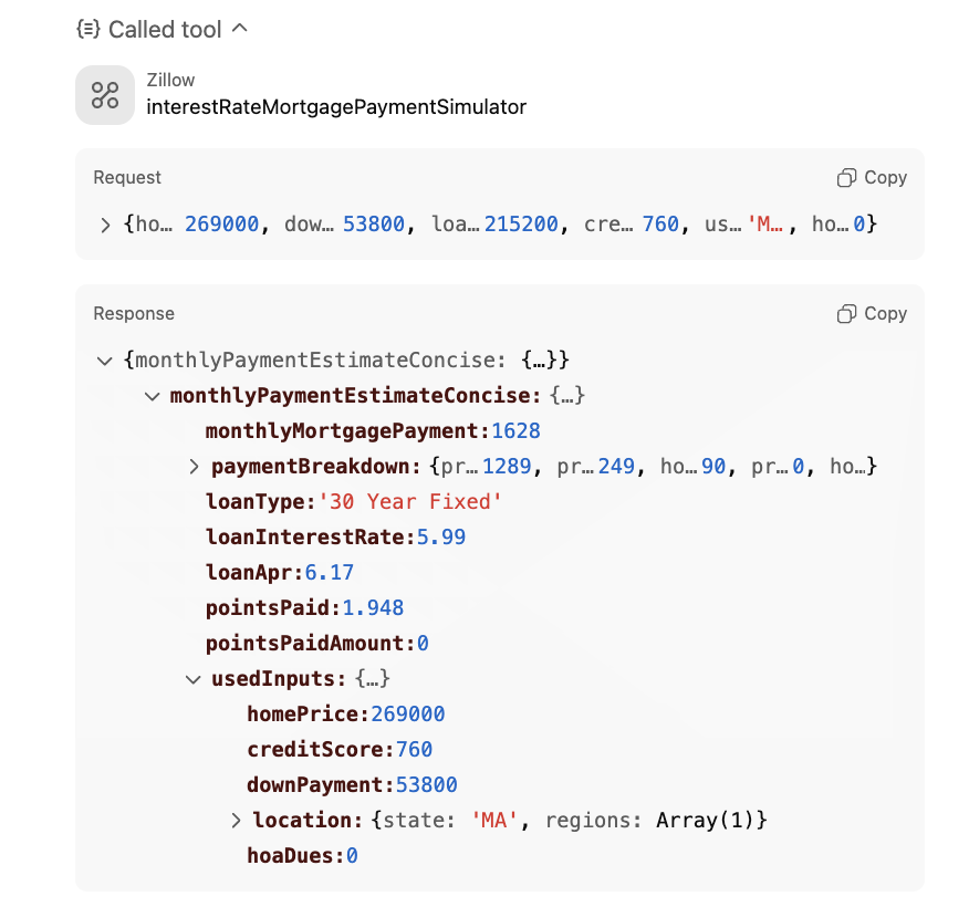 Zillow mortgage interest rate simulator in ChatGPT displaying current mortgage rates and payment estimates