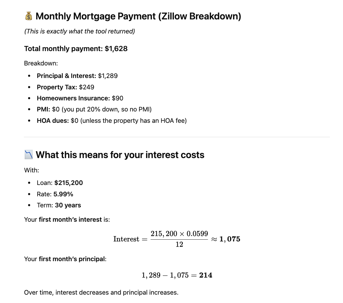 Detailed interest rate breakdown in Zillow ChatGPT App showing how different rates affect monthly mortgage payments